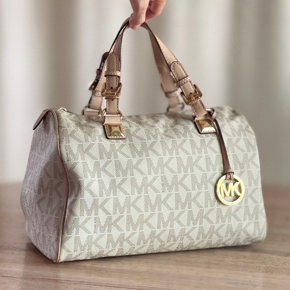 Michael Kors Handbags - Michael Kors Grayson Large PVC Satchel Vanilla Monogram Handbag Gold Tone